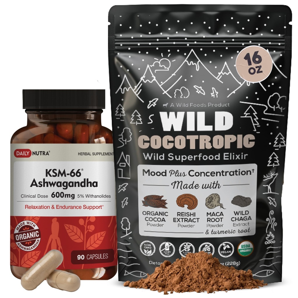 DailyNutra KSM 66 Ashwagandha (90 kapslit) ja seene Cacao Mix (16oz)