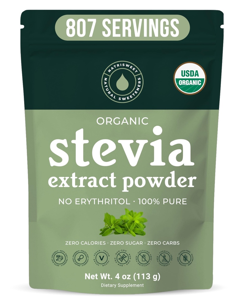 Orgaaniline 100% puhas stevia pulber, 4 oz, rahulolu magusad isud, alandab diabeedi veresuhkru taset, pakendamata pulbriline stevia ekstrakti magustaja paremaks küpsetamiseks ja jookideks, 800 + NatriSweet