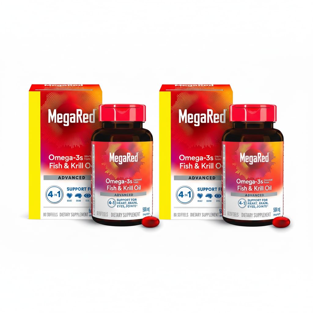 MegaRed Advanced 4-in-1 2X Kontsentreeritud 500mg Omega-3 kalaõli ja Antarktika krillõli rasvhapetega, EPA / DHA toetab südant, aju, liigeseid, silma tervist 80 Count Softgels (2 Pack)