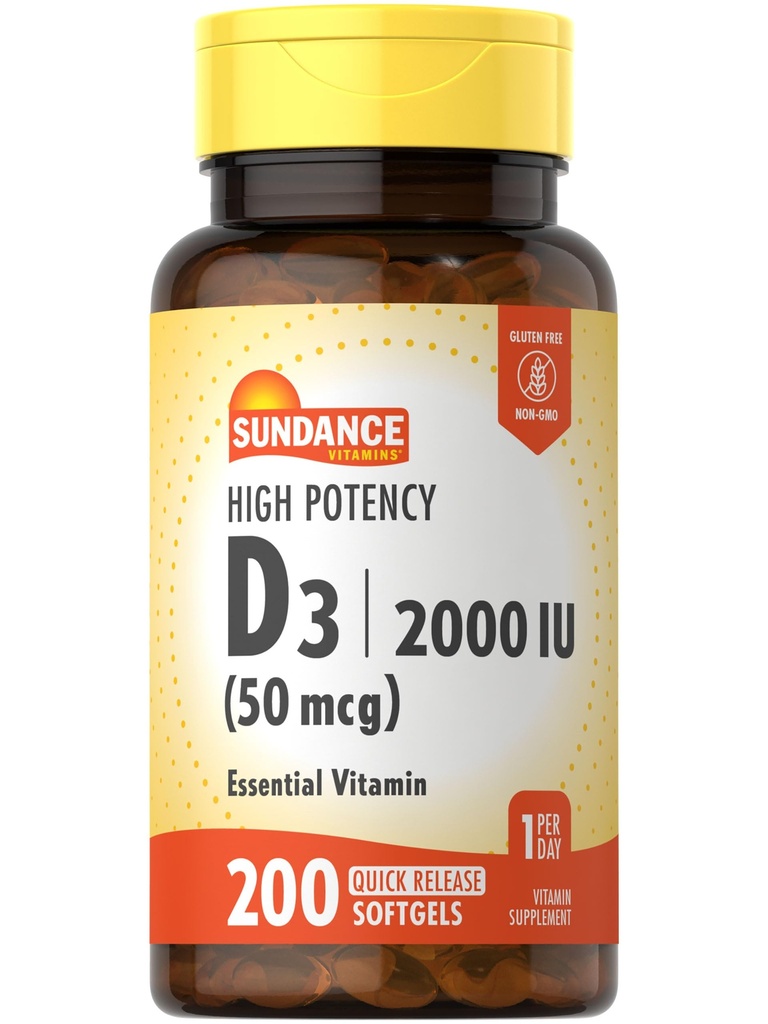 Sundance High Potency D3 2000 IU | 200 Quick release Softgels | Essential Vitamin Formula | Non-GMO ja Gluteenivaba toidulisand