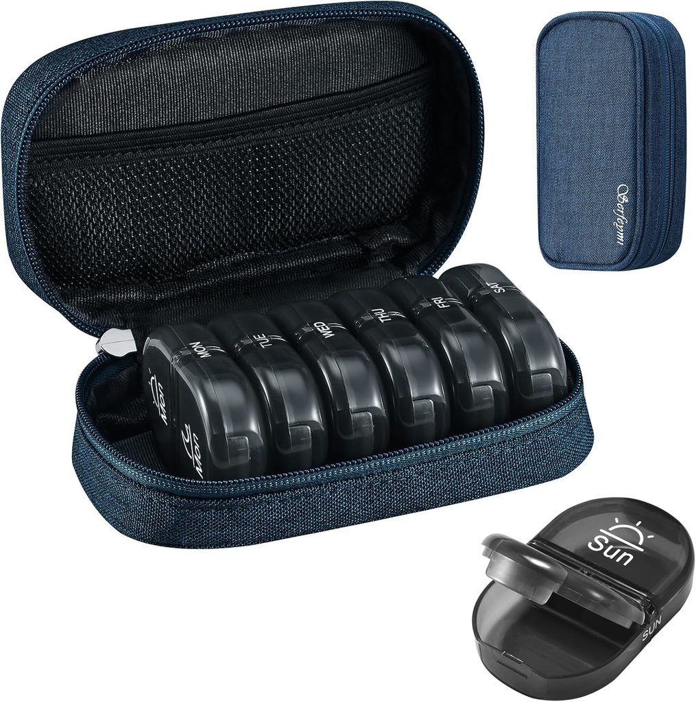 Serfeymi Weekly Travel Pill Korraldaja 2 korda päevas PM Täiustatud Black Pill Box 7 päeva kaasaskantav Zipper Canvas Pill Case, meditsiin Korraldaja pillid, vitamiinid, toidulisandid, kalaõlid - Blue 01