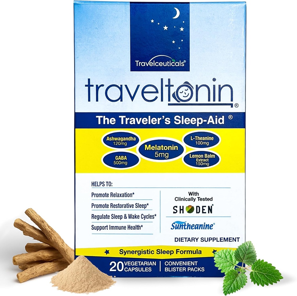 Travel Sleep Aid | Get Jet Lag Relief, Restorative Sleep, Immune Support | Flight, Hotel Essential | 5-in-1 Formula w/Melatonin, Ashwagandha, L-Theanine, GABA, Lemon Balm | 20 kapslit | Blister Packs