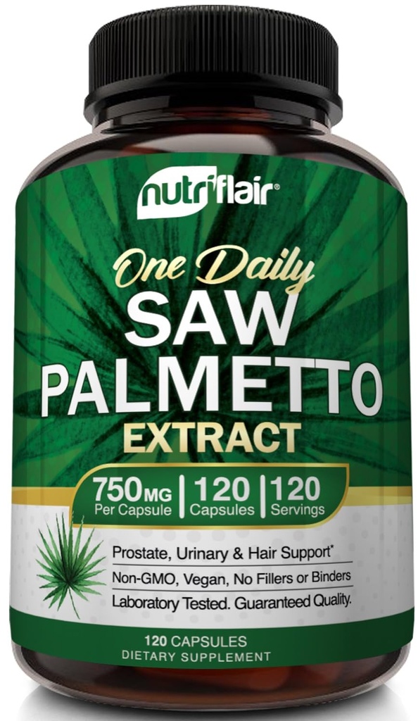 NutriFlair Saw Palmetto ekstrakt 750mg, 120 kapslit - looduslik eesnäärme täiendus ja Berry tervisetoetus - aitab blokeerida DHT, et vältida juuste väljalangemist ja aitab vähendada sagedast urineerimist, naistele ja meestele