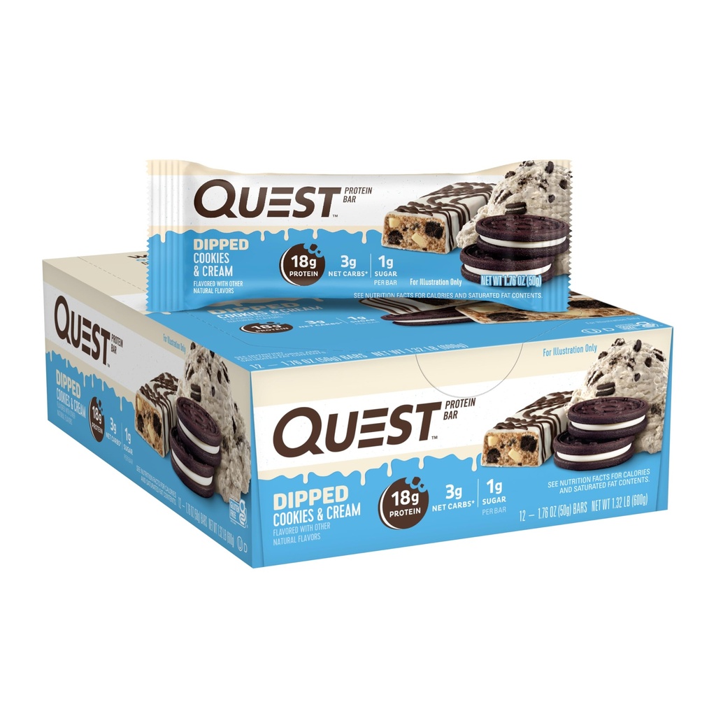 Quest Nutrition Dipped Chocolate Cookies & Cream Protein Bars, Kõrge Valguga, Madala Süsivesikusisaldusega, Gluteenivaba, Keto Sõbralik, 12 Count