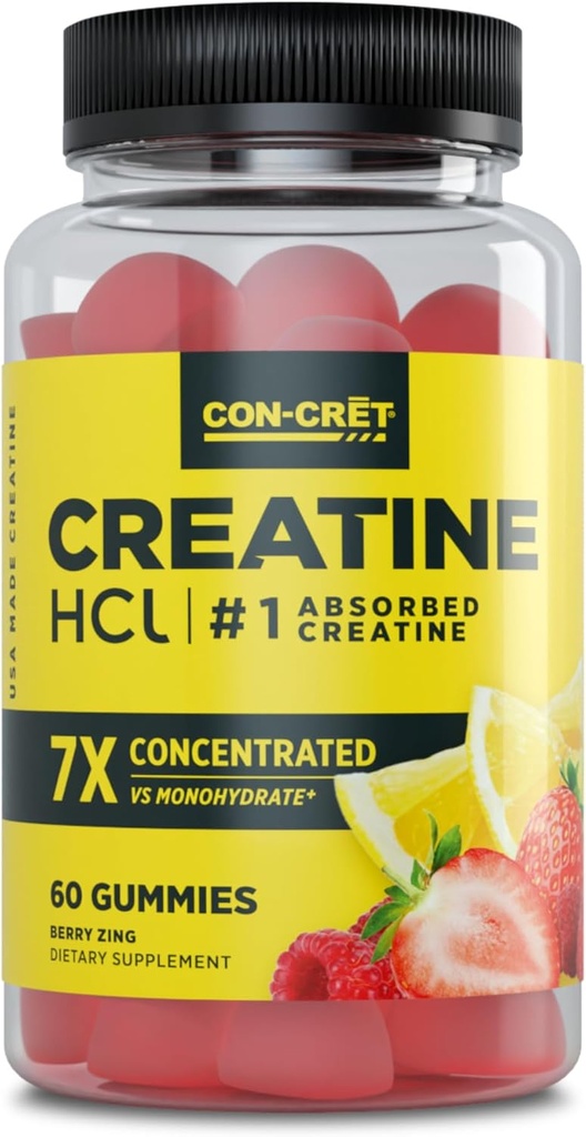 CON-CRET Creatine HCl Gummies for Men & Women | Lihas-, Kognitiivne, Cellular Energy Support | No Bloating or Cramps | USA Made | Berry Zing (60 Count)
