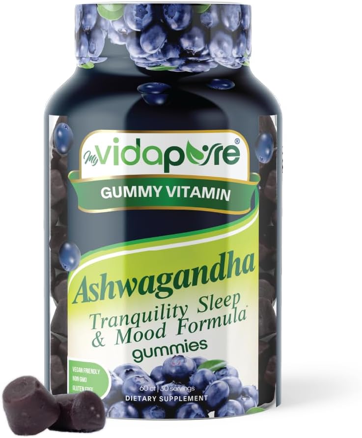 Ashwagandha Gummies, High Potency Ashwagandha juure ekstrakt magneesiumglütsinaadiga, melatoniin, B6, Valerian Root, GABA, Passion Flow for Men and Women. 60 Loe 30 portsjonit myVidaPure