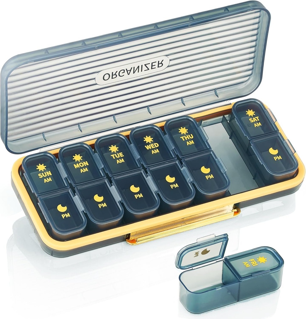 Iganädalane Pill Korraldaja 2 korda päevas - Pill Case Am Pm - Travel Pill Box 7 Day Portable Daily Vitamin Container Esteetiline meditsiin Dispenser 7 eraldi koosseisud Hommikune öö Täienduse hoidja