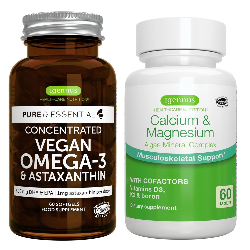 Vegan Omega-3 + Calcium & Magnesium Complex Vegan Bundle, Sustainable EPA & DHA vetikaõli 1340mg + 2: 1 Taimne vetikate mineraalkompleks, autor Igennus