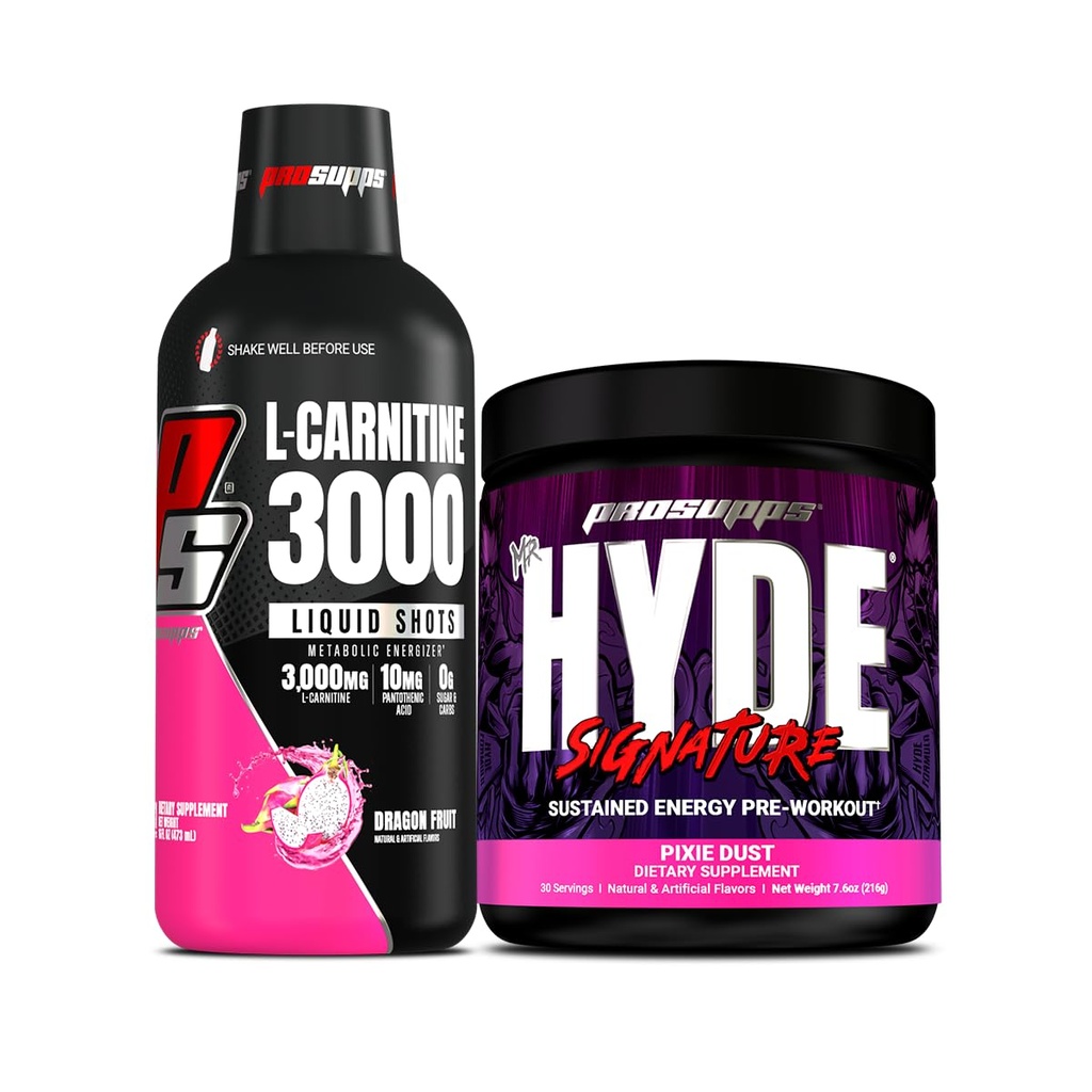 PROSUPPS L-karnitiin 3000 Stimulant Free Vedel Shots (31 Servings, Dragon Fruit) ja Mr. Hyde Signature Series Pre-Workout Energy Powdered Drink (30 Servings, Pixie Tolm)