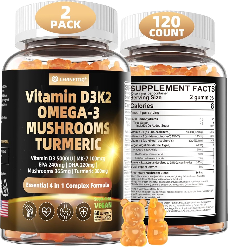 Vitamiin D3 5000iu(125mcg) + Vitamiin K2(MK7) Vetika Omega 3 | Maksimaalne tugevus Vitamiin D3+K2 | luude, hammaste, energia, immuunsuse, kaltsiumi imendumine - vegan, suhkruvaba, 120Ct