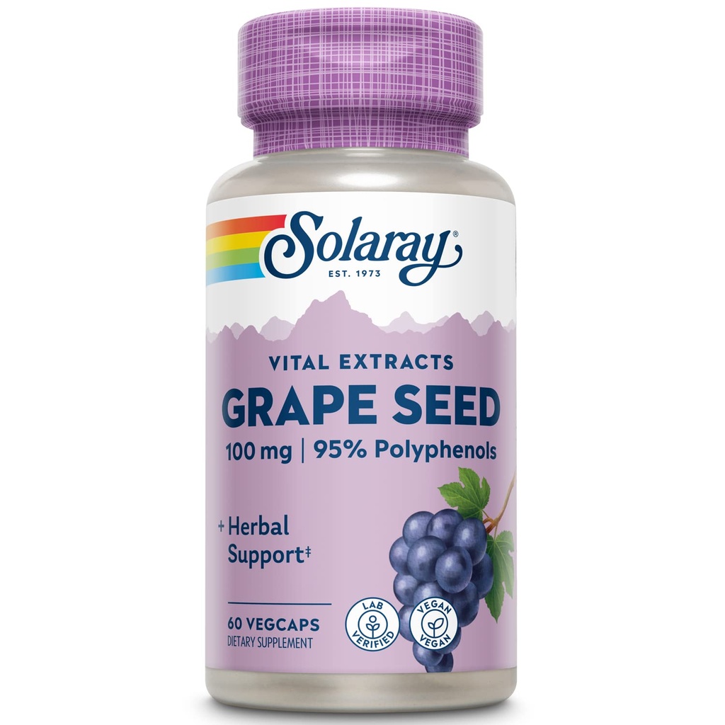 SOLARAY Grape Seed Extract 100 mg Plus Bioflavonoid Complex | Tervislik südame-veresoonkonna ja veresoonte tugi | 60 VegCaps