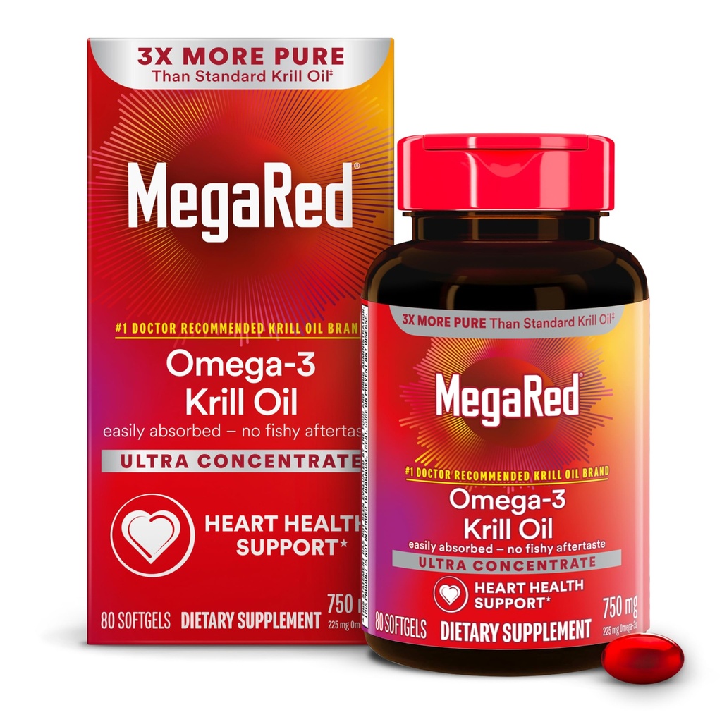 MegaRed Antarktika krillõli 750mg, Omega 3 rasvhapete lisand, Ultra kontsentraat EPA & DHA softgels, antioksüdant astaksantiin, südame tervise täiendus ilma kalaõli järelmaitse, 80ct