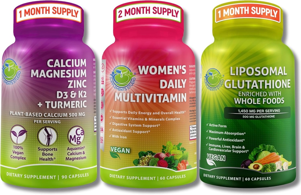 Vegan Luu Ja Immuunsüsteemi Toetus Bundle - Liposomal Glutatioon 500mg Orgaaniline Terve Toit + Naiste Päevane Multivitamiin Raud Ja Taimne Kaltsium, Magneesium, D3, K2, Tsink ja Kurkum