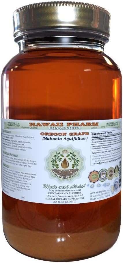 Hawaii Pharm Oregon Viinamarjade Alkoholivaba Vedel Ekstrakt, Oregon Viinamarjade (Mahonia aquifolium) Kuivatatud Juur Glycerite Natural Taimne Täiendus, USA 32 fl.oz