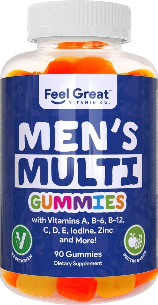 Feel Great Vitamin Co. Meeste multivitamiini kummid, pakitud vitamiiniga A, B-6, B-12, biotiin, C, D3, E, jood, foolhape, tsink. Valmistatud USA-s. 45 päeva varu