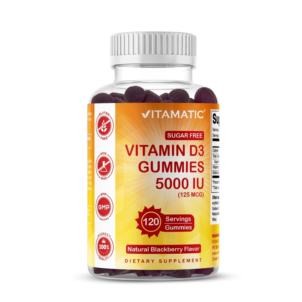 Vitamatic Sugar Free Vitamiin D3 5000 RÜ - 120 Gummies - Hea maitse - Tervislik luud, meeleolu ja immuunsüsteemi funktsioon - Mitte-GMO - 120 Servings (5000 RÜ)