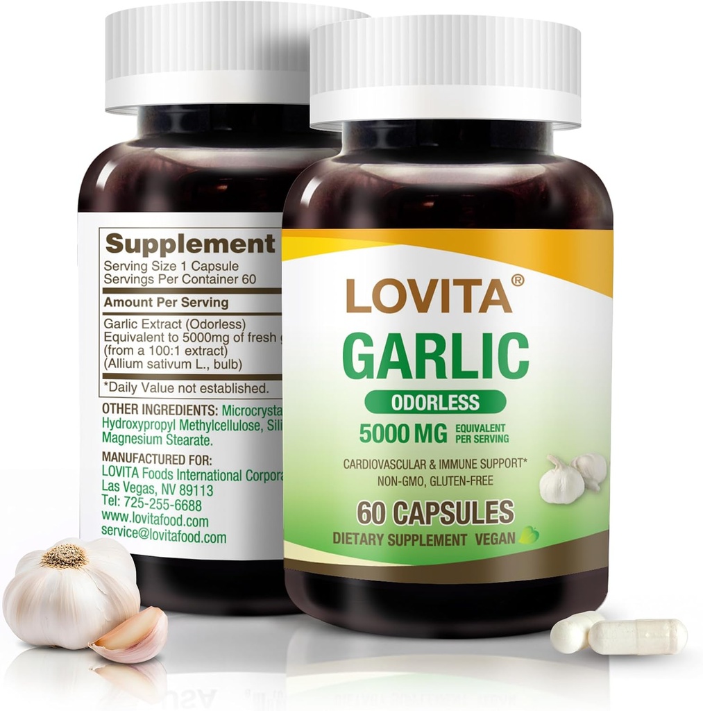 Lovita lõhnatu küüslaugukapslid, 5000 mg värske küüslaugu ekvivalent, 1,25% Allitsiini ekstrakt, toetab südant, vererõhku, kolesterooli ja immuunsüsteemi, mitte-GMO, gluteenivaba, 60 vegankapslit