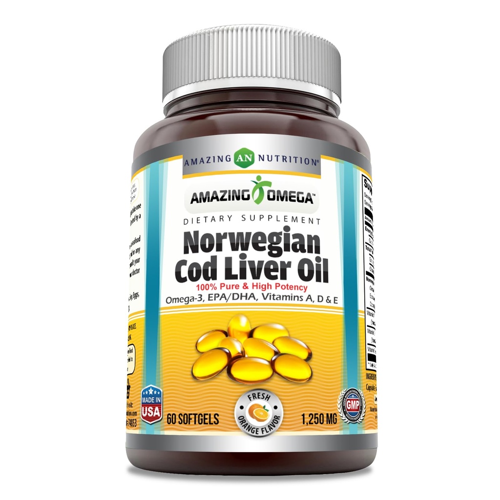 Amazing Omega Norra tursamaksaõli 1250 Mg Softgels Supplement | Omega-3, EPA, DHA, A-vitamiin, D-vitamiin ja E-vitamiin (oranž | 60 Count)
