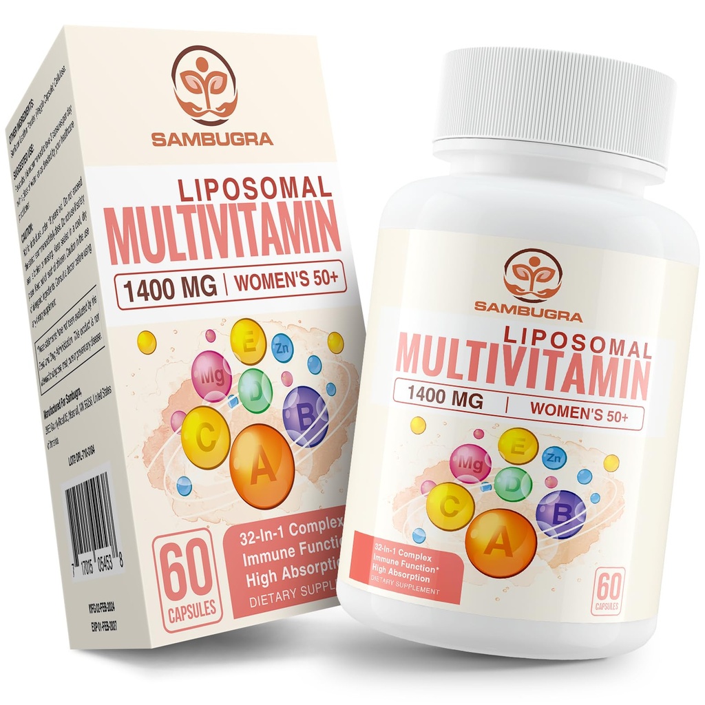 Liposomaalsed multivitamiinid naistele 50+ - Naiste igapäevane multivitamiin 32 koostisosaga, CoQ10, C-, B-, D-, E-vitamiinid südame-veresoonkonna ja luu tervise toetamiseks - rauavaba (60 kapslit)