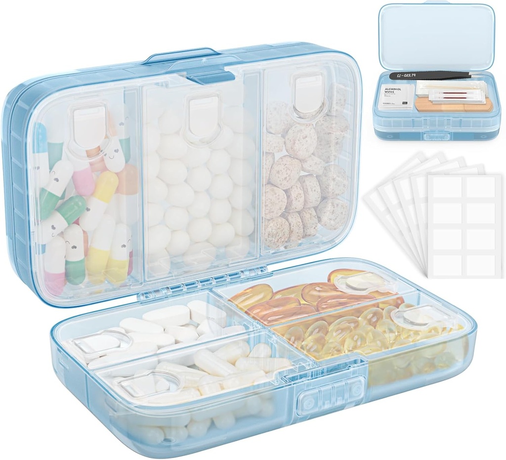 FYY Weekly Pill Korraldaja Sildid, 8 Kompartments Travel Daily Pill Case Airtight Niiskuskindel Suur Pill Box hoida vitamiine, kalaõli, toidulisandeid, Puuvilla Tampoon ja Bandages-sinine
