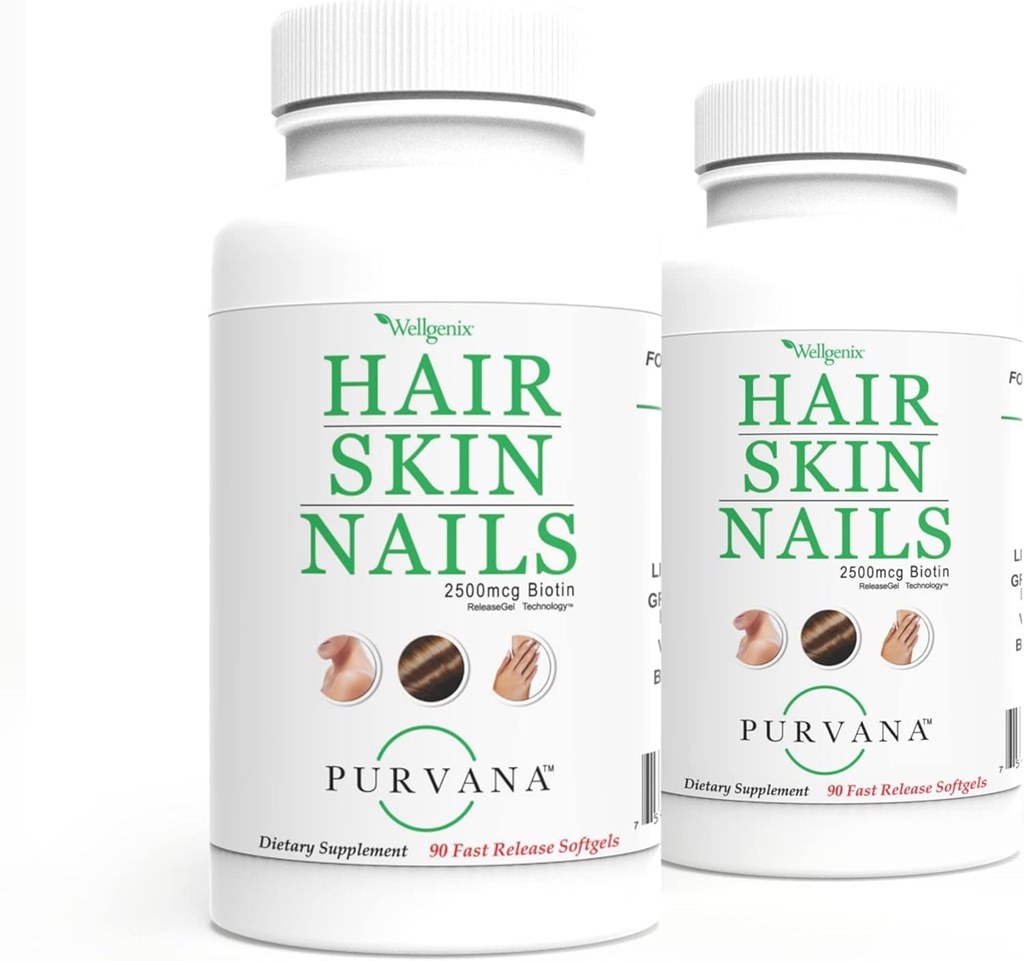 Wellgenix Purvana Juuksed, nahk ja küüned Vitamiin Softgels kõrge imendumise - Double Strength 2500mcg Biotin, VIT A & B (90 Count) 2 Pack