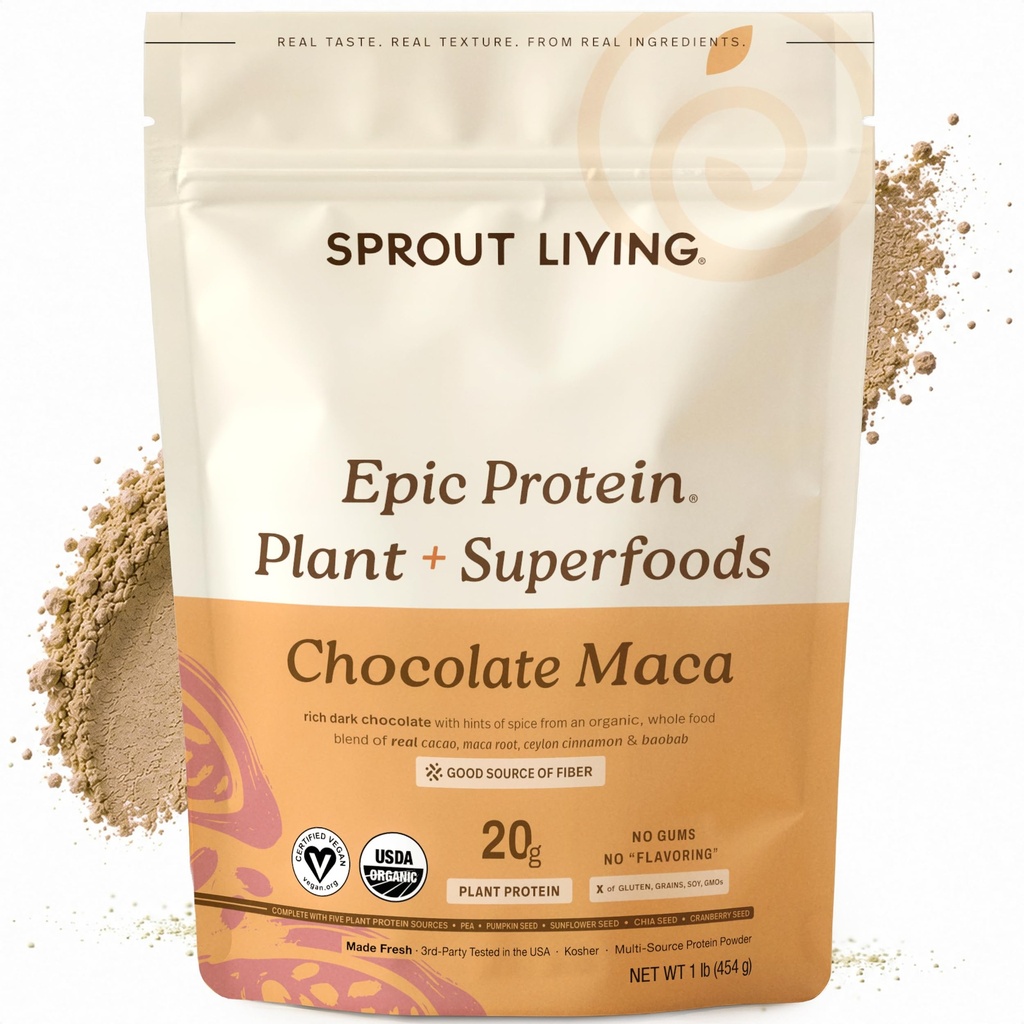 Sprout Living Epic Protein, Taimne Valk & Superfoods Pulber, Chocolate Maca Pulber | 20 Grams Orgaaniline Valk Pulber, Vegan, Mitte Piimatooted, Mitte-GMO, Gluteenivaba, Madal suhkur (1 Nael, 12 Servings)