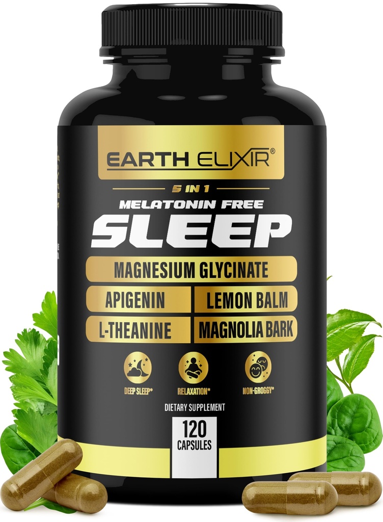 Earth Elixir 4-in-1 Sleep Aid (120 Caps) w/Apigenin 50mg, Magneesium Glycinate 200mg, L Theanine 200mg & Valerian Juur Sleep Aid 300mg | Apigeniini täiendus Sleep | Unepillid