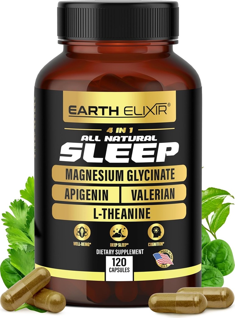 Earth Elixir 4-in-1 Sleep Aid (120 Caps) w/Apigenin 50mg, Magnesium Glycinate 200mg, L Theanine 200mg & Valerian Root for Sleep Aid 300mg | Apigenin Supplement for Sleep | Sleeping Pills