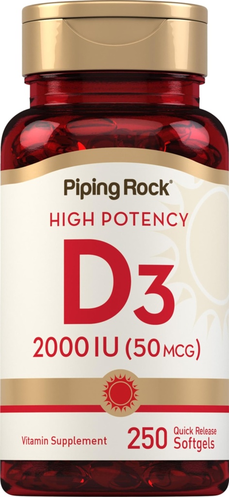 Torukivi vitamiin D3 2000 RÜ | 250 Softgels | kõrge potentsi | Kolekaltsiferooli lisand | Mitte-GMO, Gluteenivaba