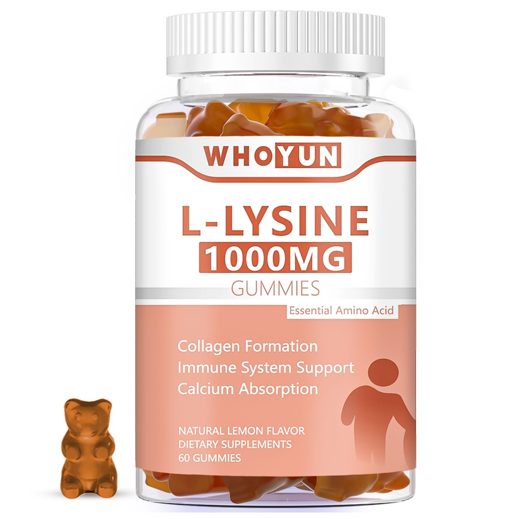 L-Lysine 1000mg Gummies, närimiskõlblik lüsiini lisand täiskasvanutele, immuunsüsteemi tugi, kollageeni moodustumise tugi, sidruni maitse, 60 krahv