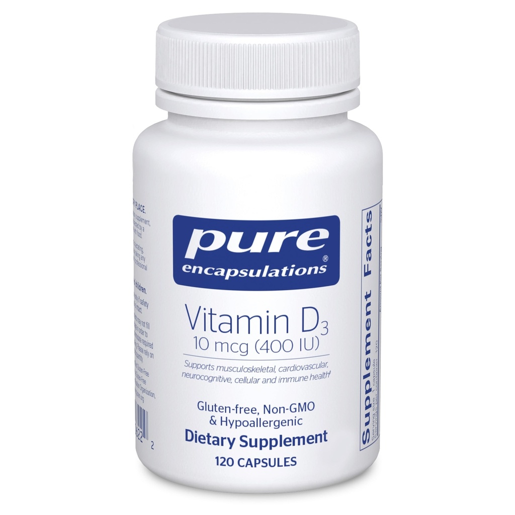 Puhas kapseldamine Vitamiin D3 10 mcg (400 RÜ) | Hüpoallergeenne tugi luu, rinna, südame-veresoonkonna, koloonia ja immuunsüsteemi tervisele | 120 kapslit