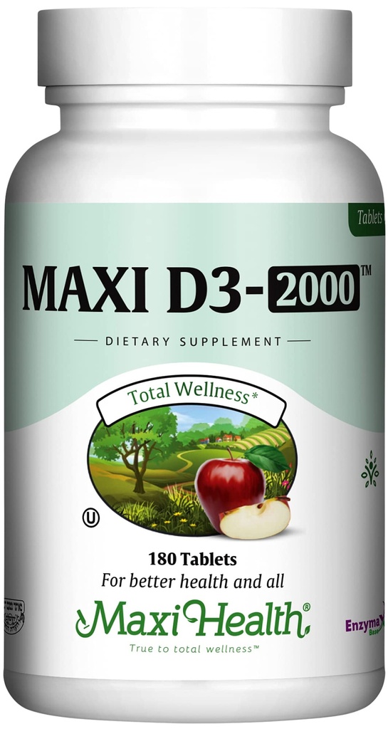 Maxi Health Kosher Vitamiin D3 2000IU - väga imenduv D-vitamiini toidulisandid tervisliku immuunvastuse, kaltsiumi imendumise, hammaste ja luude tervise jaoks - D3 Vitamiin 2000 RÜ - 180 tabletti