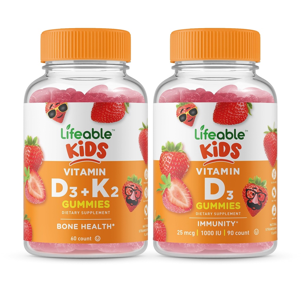 Elujõuline D3-vitamiin + K2-vitamiin Lapsed + D-vitamiini lapsed, Gummies Bundle - suurepärane maitse, vitamiinilisand, Gluteenivaba, GMO-vaba, närimiskumm