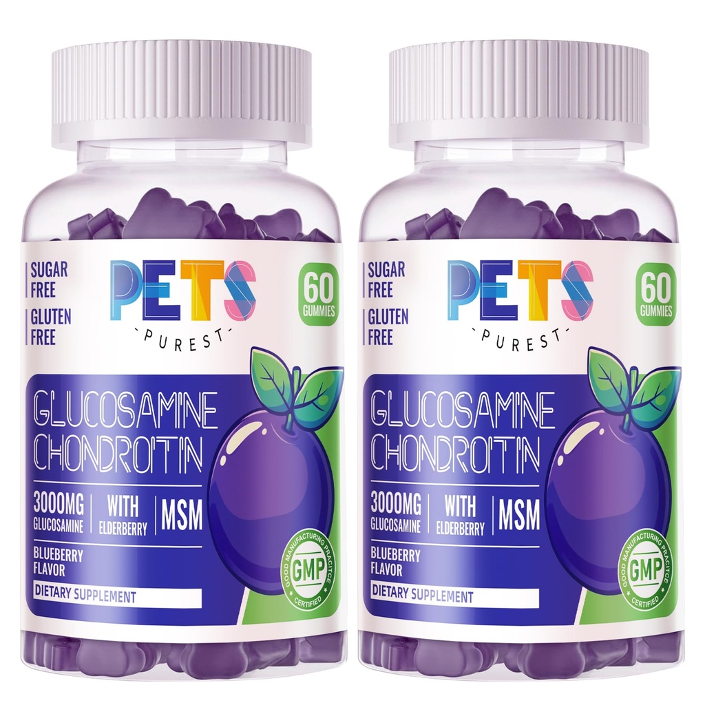 Lemmikloomad Puhtad Glükosamiini Kondroitiin Gummies koos MSM & Elderberry Extra Tugevusega - ühine tugi, antioksüdantide immuuntoetus täiskasvanutele, meestele ja naistele.(2 Pack) Mustikas