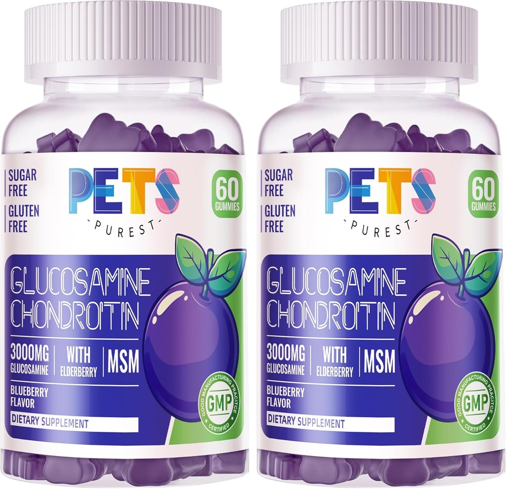 Lemmikloomad Puhtad Glükosamiini Kondroitiin Gummies koos MSM & Elderberry Extra Tugevusega - ühine tugi, antioksüdantide immuuntoetus täiskasvanutele, meestele ja naistele.(2 Pack) Mustikas