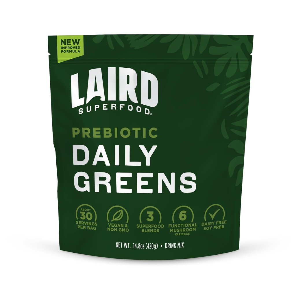 Laird Superfood Prebiootikum Daily Greens Pulber - Essential Vitamiinid ja mineraalid - Prebiootiline kiud, Adaptogen ja puu- ja köögiviljad - Toetab soolestiku tervist - Non-GMO, Vegan - 14,8 oz kott, pakend 1