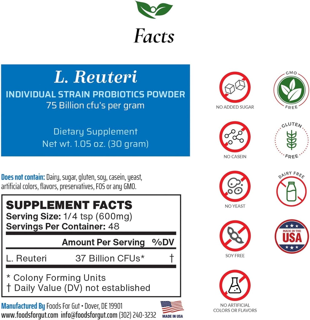 Lactobacillus Reuteri probiootiline pulber 75 miljardit cfu's | Valmistatud USA-s | Ei lisaaineid | Otse tootjalt | Kolmanda osapoole säilitamine puudub | Seedetrakti ja immuunsuse tugi | L. Reuteri | 30 grammi (1,05 OZ)