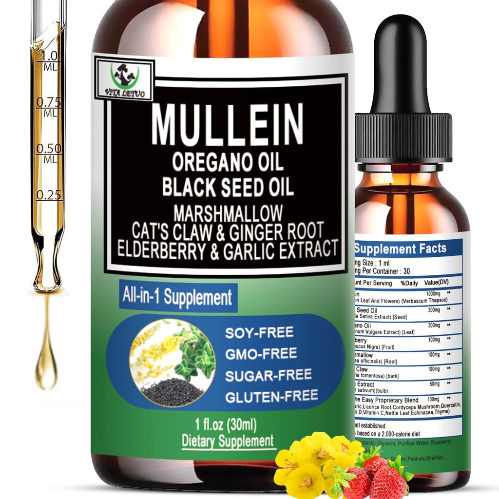 16-in-1 orgaaniline Mullein tilgad kopsudele | Mullein Leaf Ekstrakt w/Oil oregano mustseemneõli | Mitte-GMO&Gluten Free Respiratory Health Vedel tilgad | Mullein Supplement Cleanse suitsetajatele