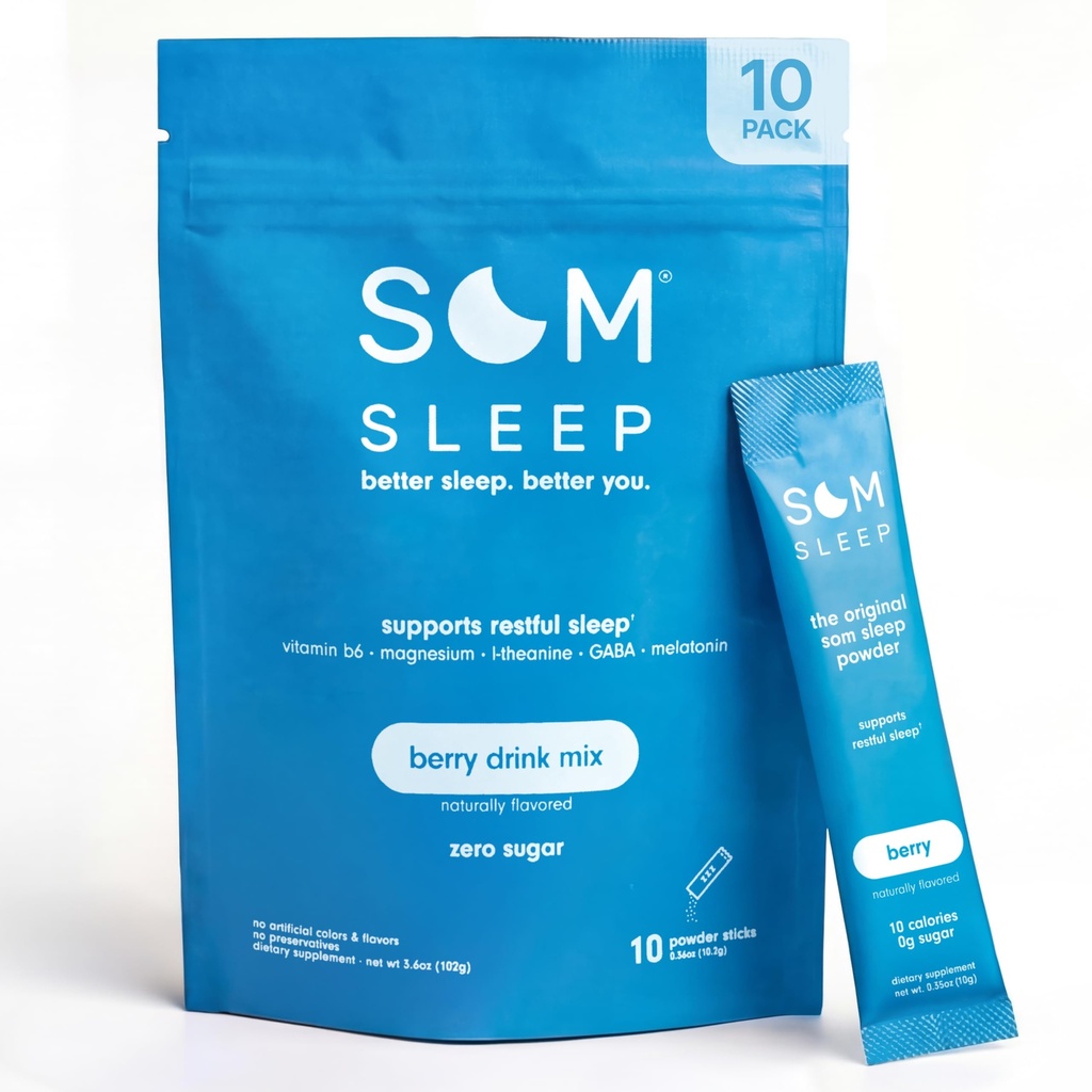 Som Sleep, Calm Sleep Powder Drink Mix, 3mg Melatoniini, Magneesium, Vitamiin B6, L-Theanine & GABA - Vegan, Zero Sugar, Keto Sõbralik - Berry, 10-Pakk