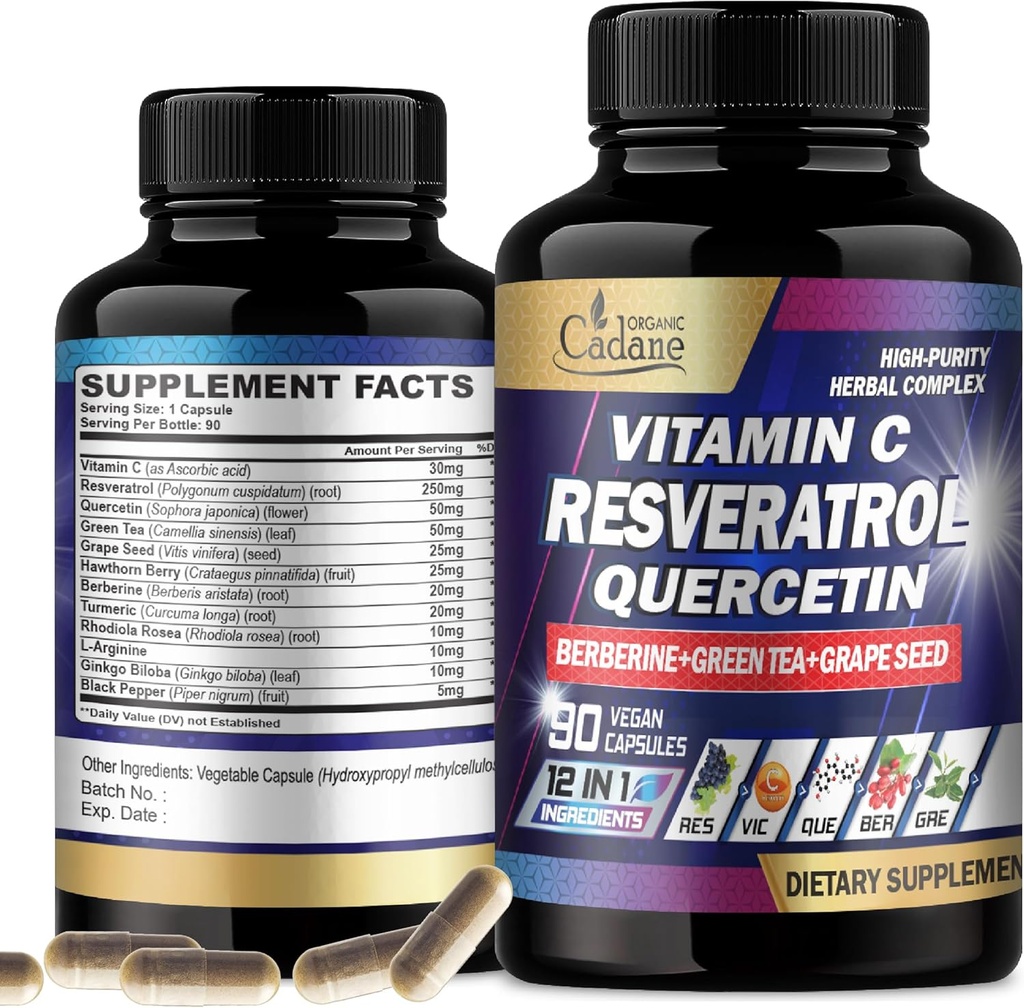 Orgaaniline Cadane Resveratrol Supplement - 12in1 segatud VIT.C, Quercetin, Berberine, Kurkum, Roheline Tee & More - 90 kapslit 3 kuud