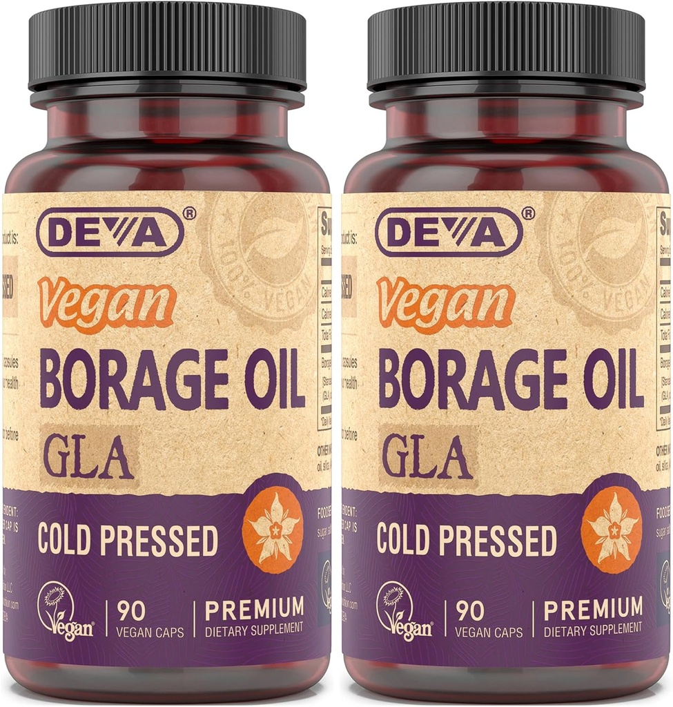 DEVA Vegan Vitamiinid, Borage Oil 500mg, allikas Omega-6 Rasvhape GLA (Gamma linoleenhape), külmpressitud ja rafineerimata, 90 tabletti (pakk 2)