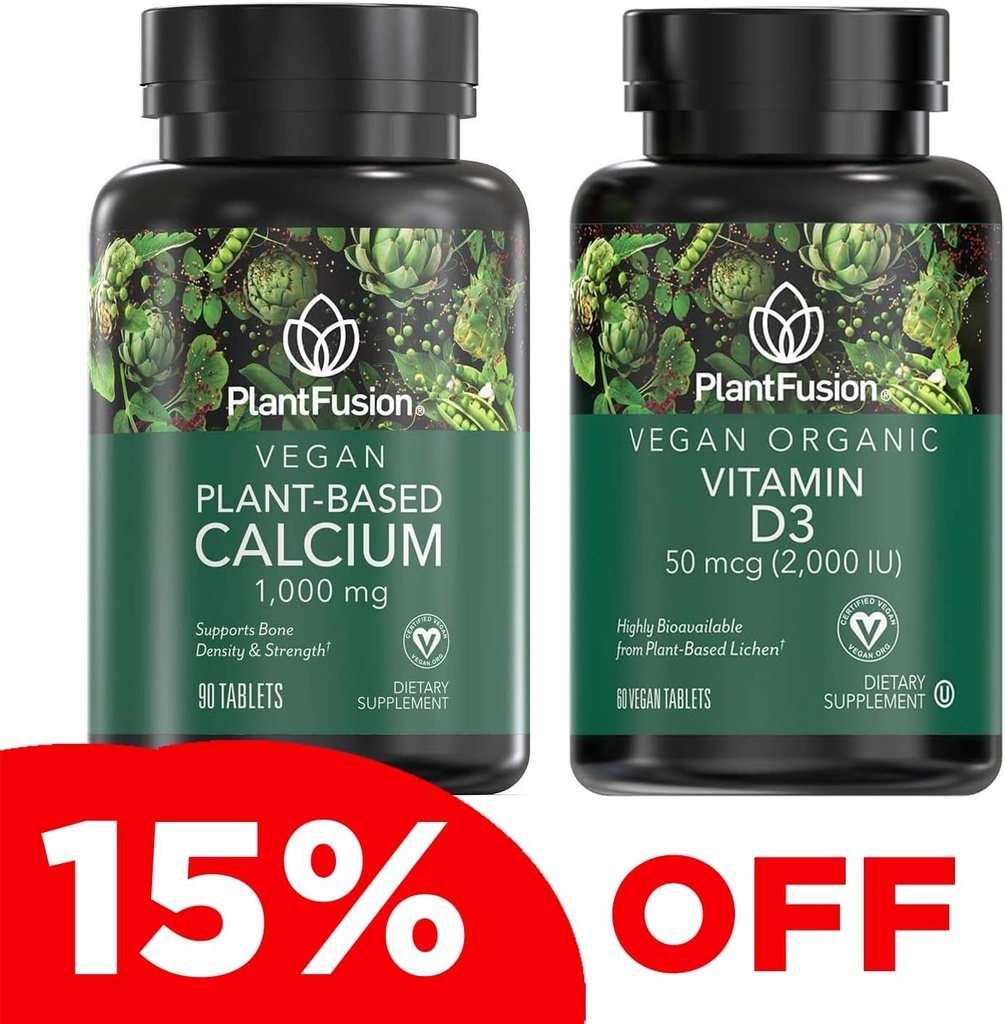 PlantFusion Vegan Calcium & D3 Bundle - Premium taimepõhine kaltsium 1000mg ja D3 2000IU Luude kasvu, tiheduse ja tugevuse ning immuunsuse tugi