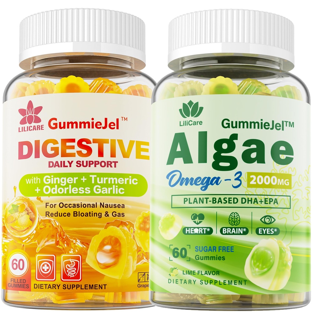 LILICARE Sugar Free Omega 3 Rasvhape 2000mg 640mg DHA & 290mg EPA, multivitamiin, CoQ10, Astaksantiin + ingveri täidisega kummid iiveldus - kõhu leevendamine - Ultra Absorbeerimine seedetrakti toetuseks