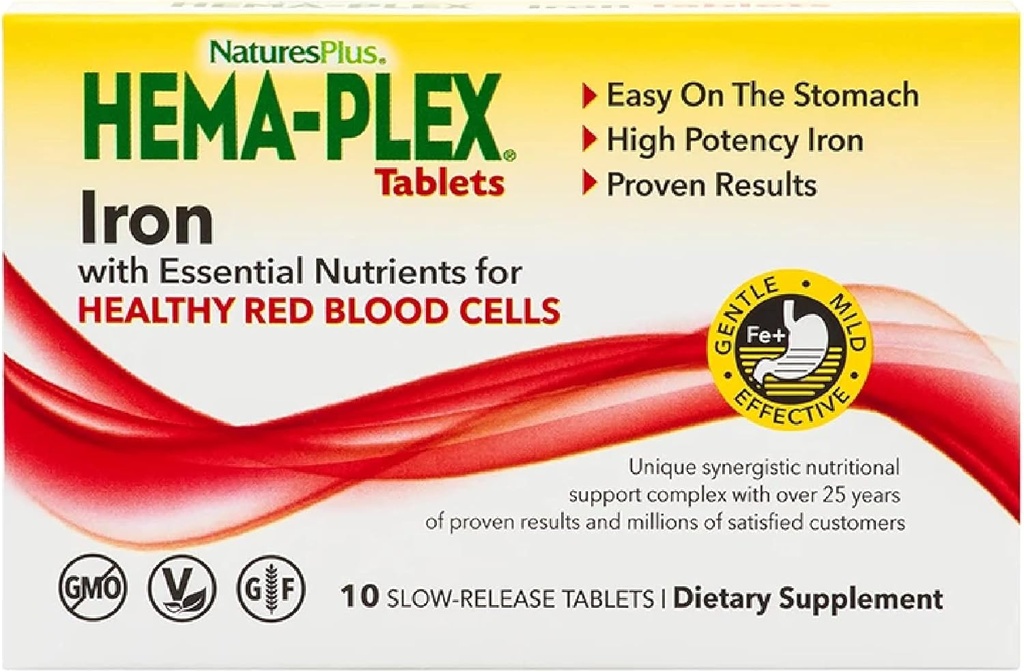 NaturesPlus Hema-Plex Raud - 10 aeglaselt vabastavat tabletti - 85 mg kelaaditud rauda - üldine vere tervis - C-vitamiini ja bioflavonoididega - vegan, gluteenivaba - 10 serveerimist