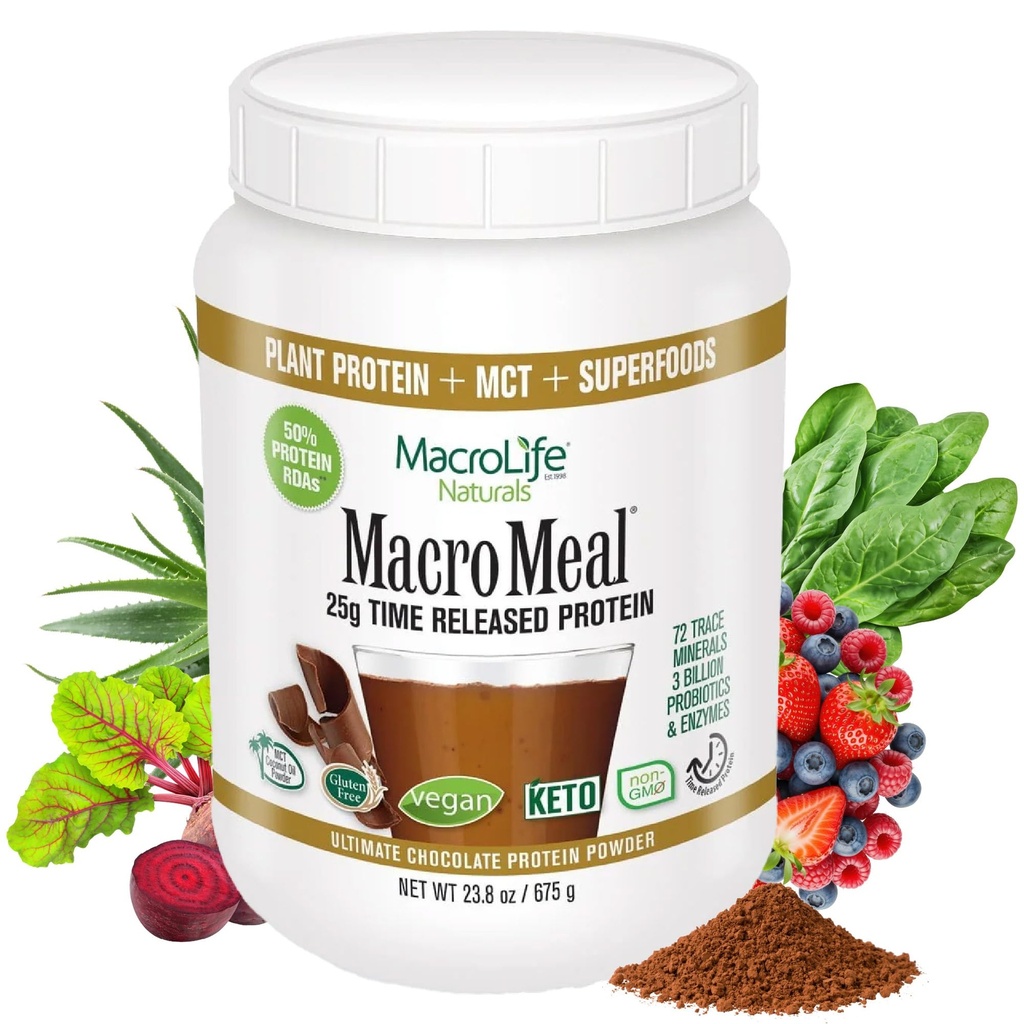MacroLife Naturals MacroMeal Vegan Chocolate Valk Pulber Superfood Greens Probiootikumid + Fiber, Immune Energy Digestive Daily Essentials for Women & Men Gluteenivaba - 23,8oz (15 Servings) Chocolate