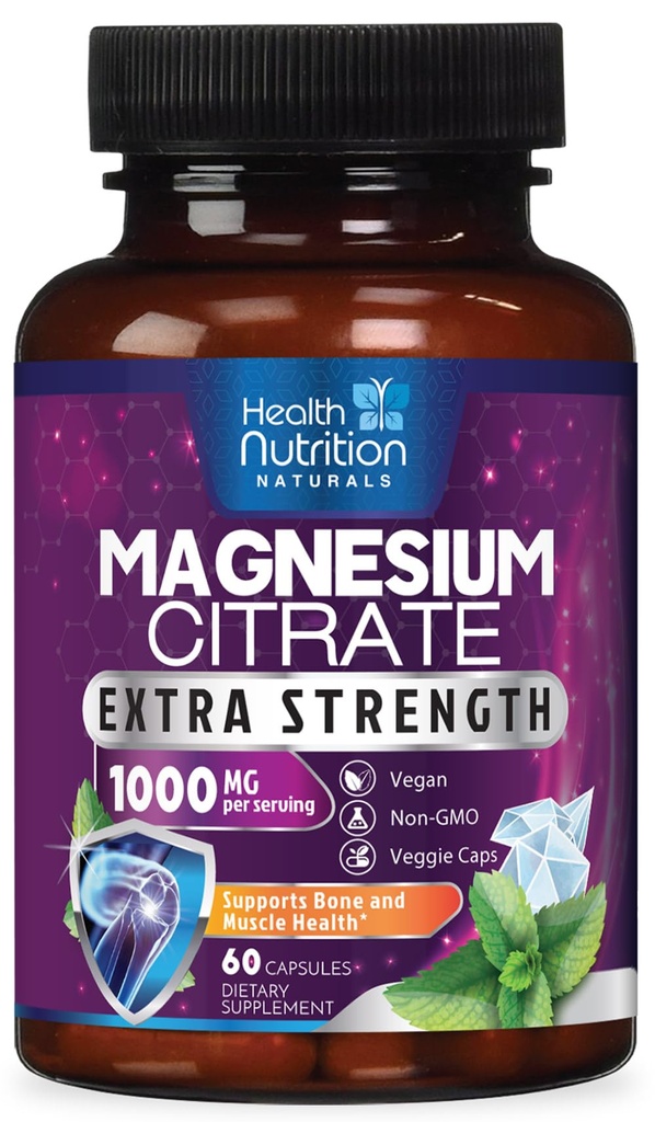 Magneesiumtsitraadi kapslid 1000mg - Maksimaalne imendumine Magneesiumi pulber lihaste, närvide, luude ja südame tervise toetamiseks, kõrge imendumise tsitraadi kompleks, Gluteenivaba, mitte-GMO - 60 kapslit