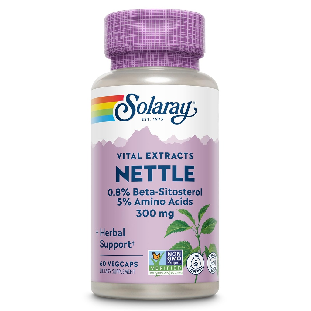 SOLARAY Nettle Root Extract 300 mg koos nõgesjuur 150 mg, Tervislik kuseteede ja eesnäärme tugi meeste aminohapped ja beeta-Sitosterool, Vegan, 60-päevane garantii, 60 Servings, 60 VegCaps