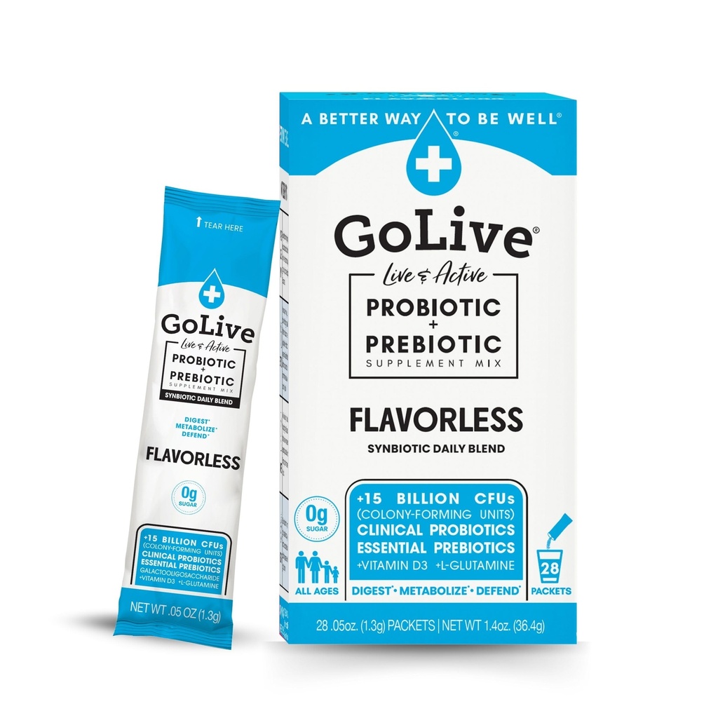 GoLive Prebiootikum ja probiootikum naistele, meestele ja lastele Maitsevaba, suhkruvaba, sünbiootiline pulber w / GOS, L-glutamiin, D3-vitamiin, elektrolüüdid. Soolestiku tervis, seedimine, ainevahetus, immuunsus 15-50B CFU-d.