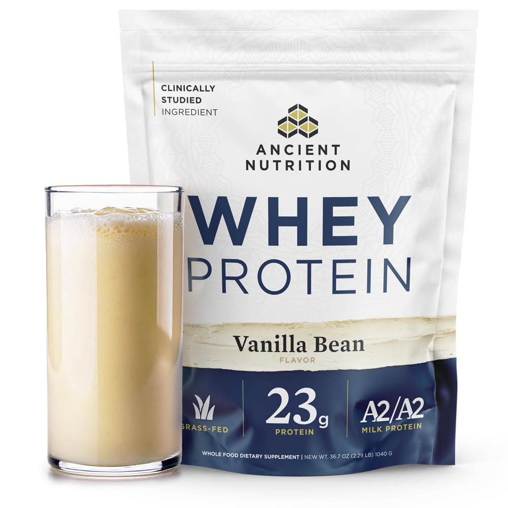 Ancient Nutrition Grass Fed Whey Protein, 23 g valku, hüdrolüüsitud kollageenpeptiidid, orgaaniline regeneratiivne A2/A2 piimavalk (35 Servings, Vanilla Bean)