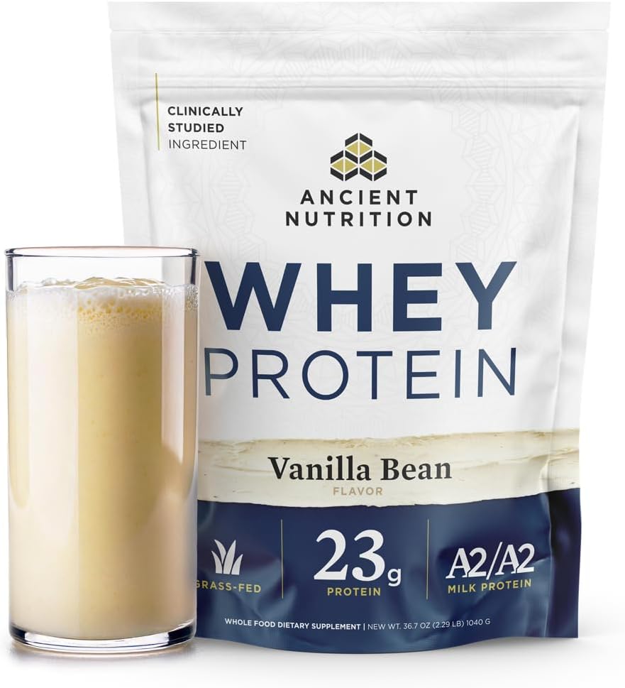 Ancient Nutrition Grass Fed Whey Protein, 23 g valku, hüdrolüüsitud kollageenpeptiidid, orgaaniline regeneratiivne A2/A2 piimavalk (35 Servings, Vanilla Bean)